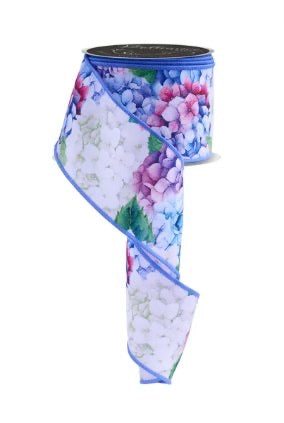Wired White, Purple and Blue Hydrangeas Ribbon- 2.5”x10 Yards