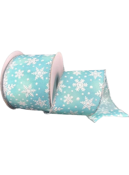 10 Yards - 2.5" Wired Light Blue Background White Snowflake Ribbon