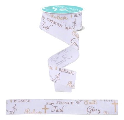 Wired White Words of Faith Ribbon-1.5”x10 Yards