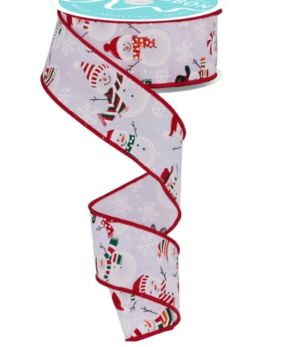 10 Yards - 1.5” Wired White Linen Multi Snowmen Ribbon