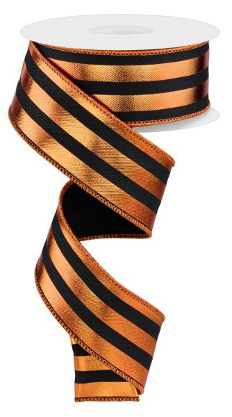 10 Yard - 1.5” Wired Orange and Black Metallic Vertical Stripe Ribbon