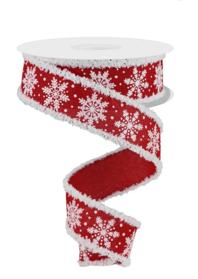 Wired Red and White Winter Snowflake Ribbon with Snowdrift Edge- 1.5”x10 Yards