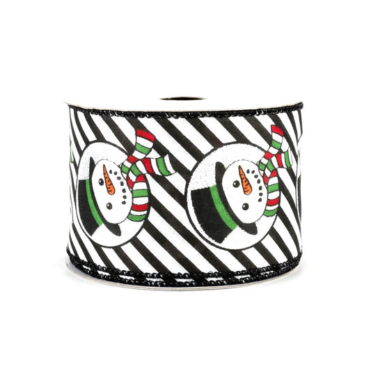 10 Yards - 2.5” Wired Black and White Striped Background Glitter Accent Snowman Ribbon