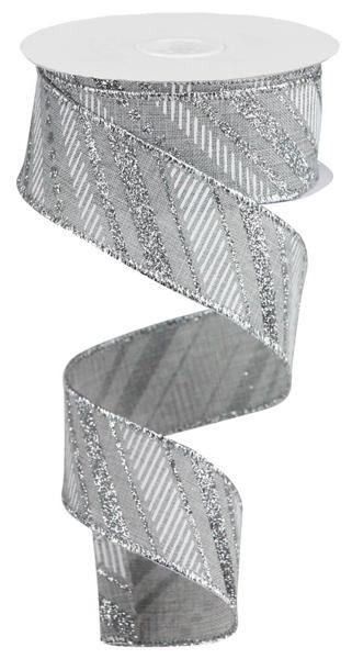 10 Yards - 1.5” Wired Silver Background Silver Stripe Ribbon with Glitter Accent