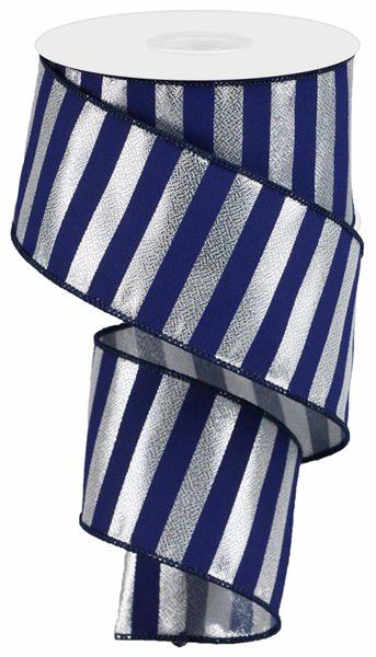 10 Yards - 2.5”Wired Navy Blue and Metallic Silver Stripe Ribbon