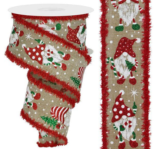 10 Yards - 2.5" Wired Gnome Christmas Ribbon with Snow Drift Edge