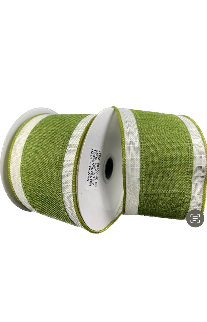 Wired Green with Cream Stripe on Poly Linen Ribbon- 2.5”x10 Yards