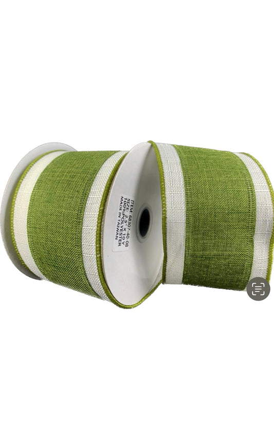 Wired Green with Cream Stripe on Poly Linen Ribbon- 2.5”x10 Yards