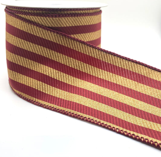 10 Yards - 2.5” Wired Dark Red Diagonal Line Gold Painted Cabana Stripe Ribbon