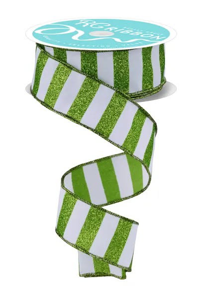 Wired White and Lime Horizontal Stripe Glitter Accent Ribbon- 1.5”x10 Yards