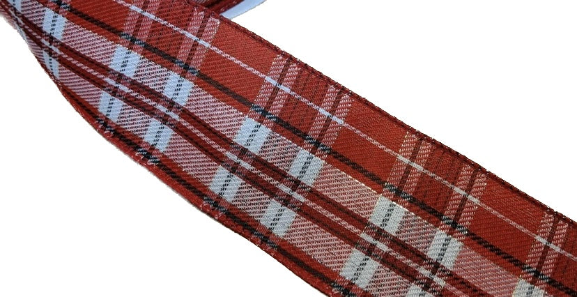 50 Yards - 2.5” Red, Black and White Christmas Plaid with Metallic Silver Accent Ribbon