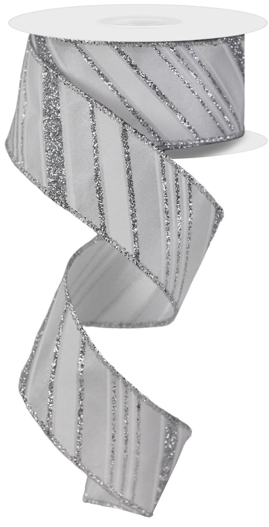 10 Yards - 1.5” Wired White and Silver Glitter Swirl Stripe Ribbon