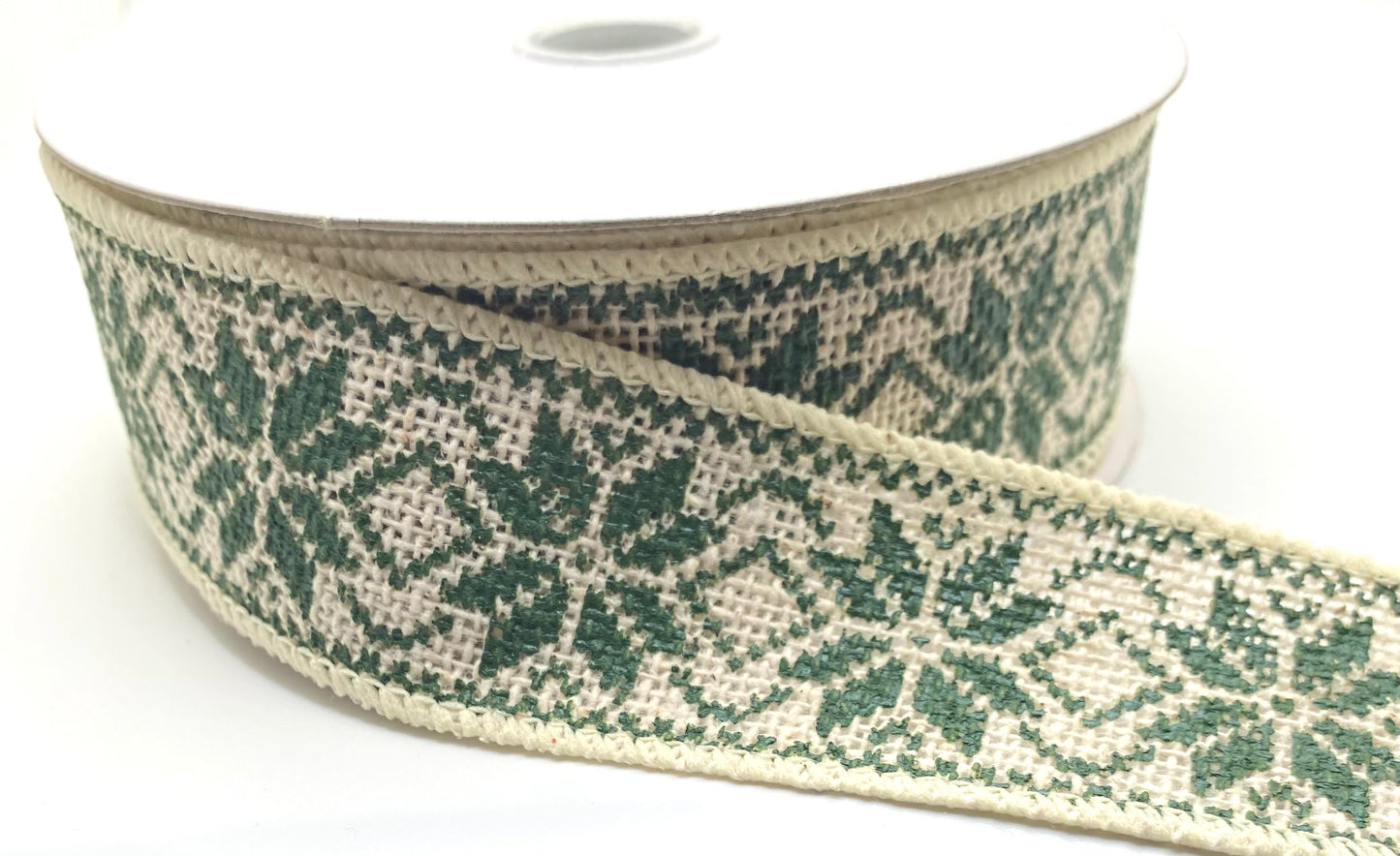 10 Yards - 1.5” Wired Ivory Burlap Green Rustic Poinsettias Ribbon