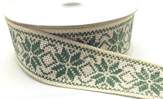 10 Yards - 1.5” Wired Ivory Burlap Green Rustic Poinsettias Ribbon