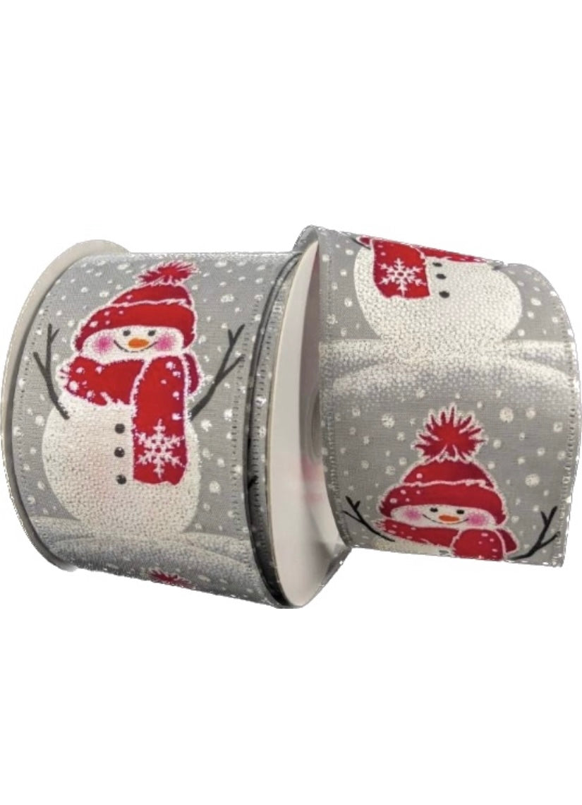 10 Yards - 2.5” Wired Gray Background Snowmen in Winter Glitter Accent Ribbon