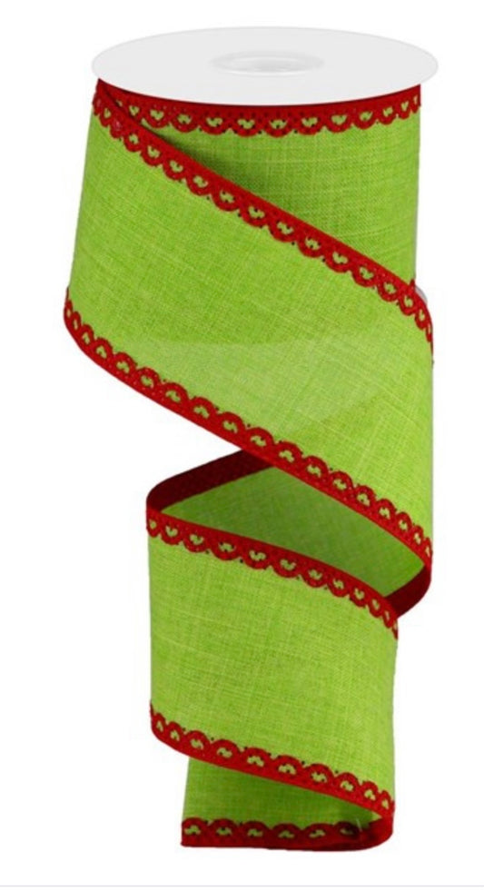 Wired Lime with Scalloped Red Border Cross Royal Burlap Ribbon- 2.5”x10 Yards
