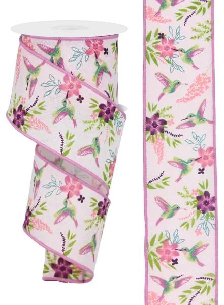 Wired Light Pink Background Purple Trim Hummingbird Ribbon- 2.5”x10 Yards
