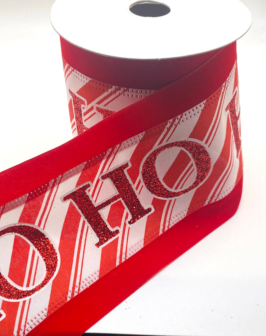 10 Yards - 4” Wired Red and White HO HO HO Velvet Edge Ribbon