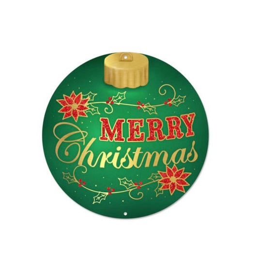 8” Round Metal Merry Christmas Ornament Wreath Sign