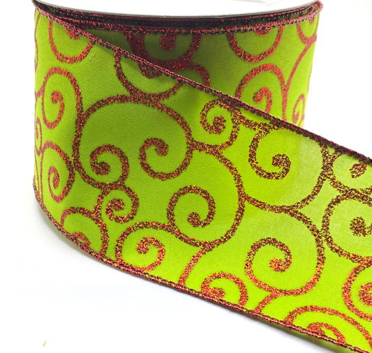 10 Yards - 2.5” Wired Lime Green and Red Sparkle Swirl Christmas Ribbon