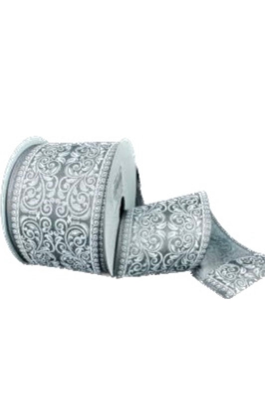 Wired Silver Satin Metallic Ornate Ribbon-2.5”x10 Yards
