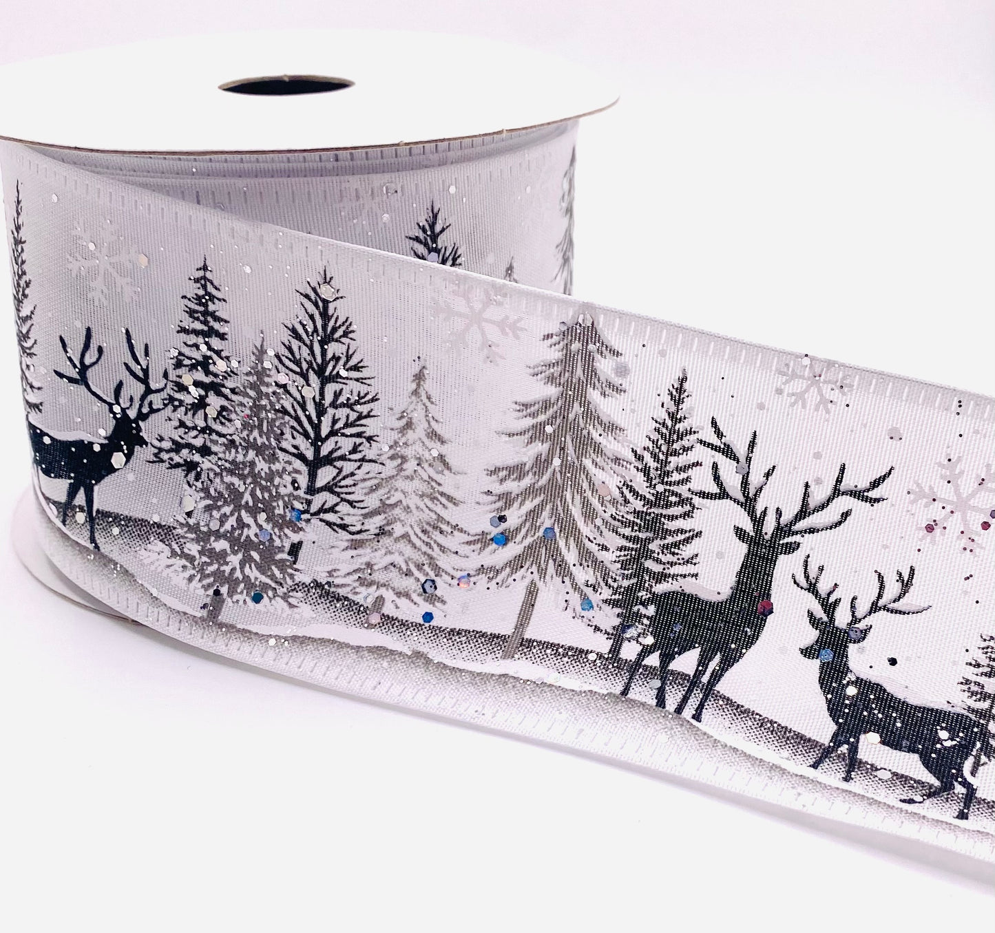 10 Yards - 2.5” Wired White Satin Deer and Trees in Snow Ribbon