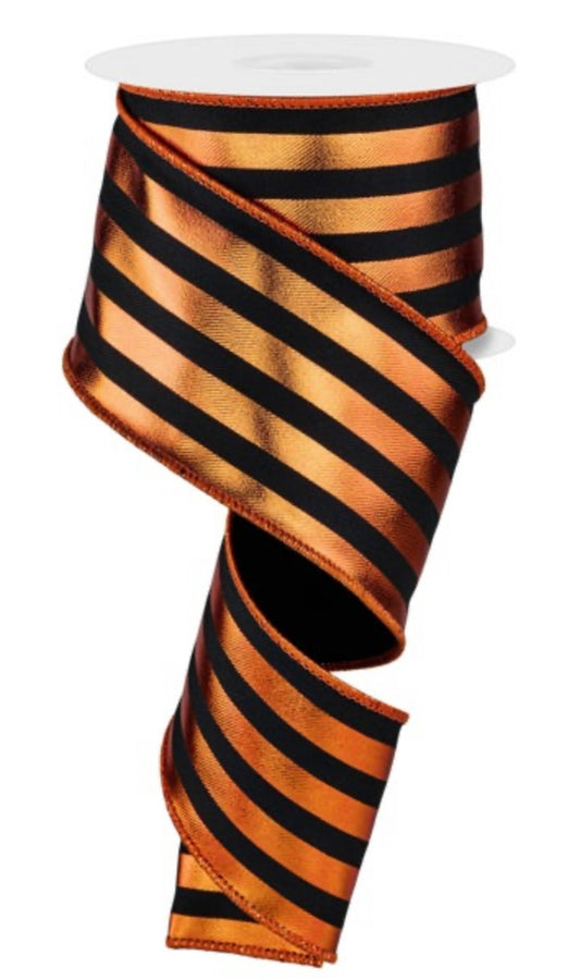 10 Yard - 2.5” Wired Orange and Black Metallic Vertical Stripe Ribbon