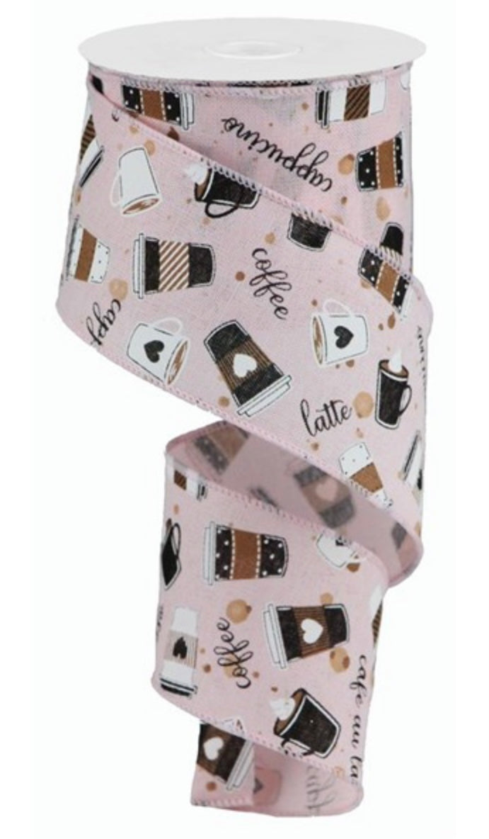 10 Yards - 2.5” Wired Coffee and Latte Pink Background Ribbon