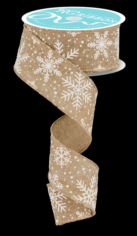 10 Yards - 2.5” Wired Natural and White Glitter Winter Snowflake Ribbon