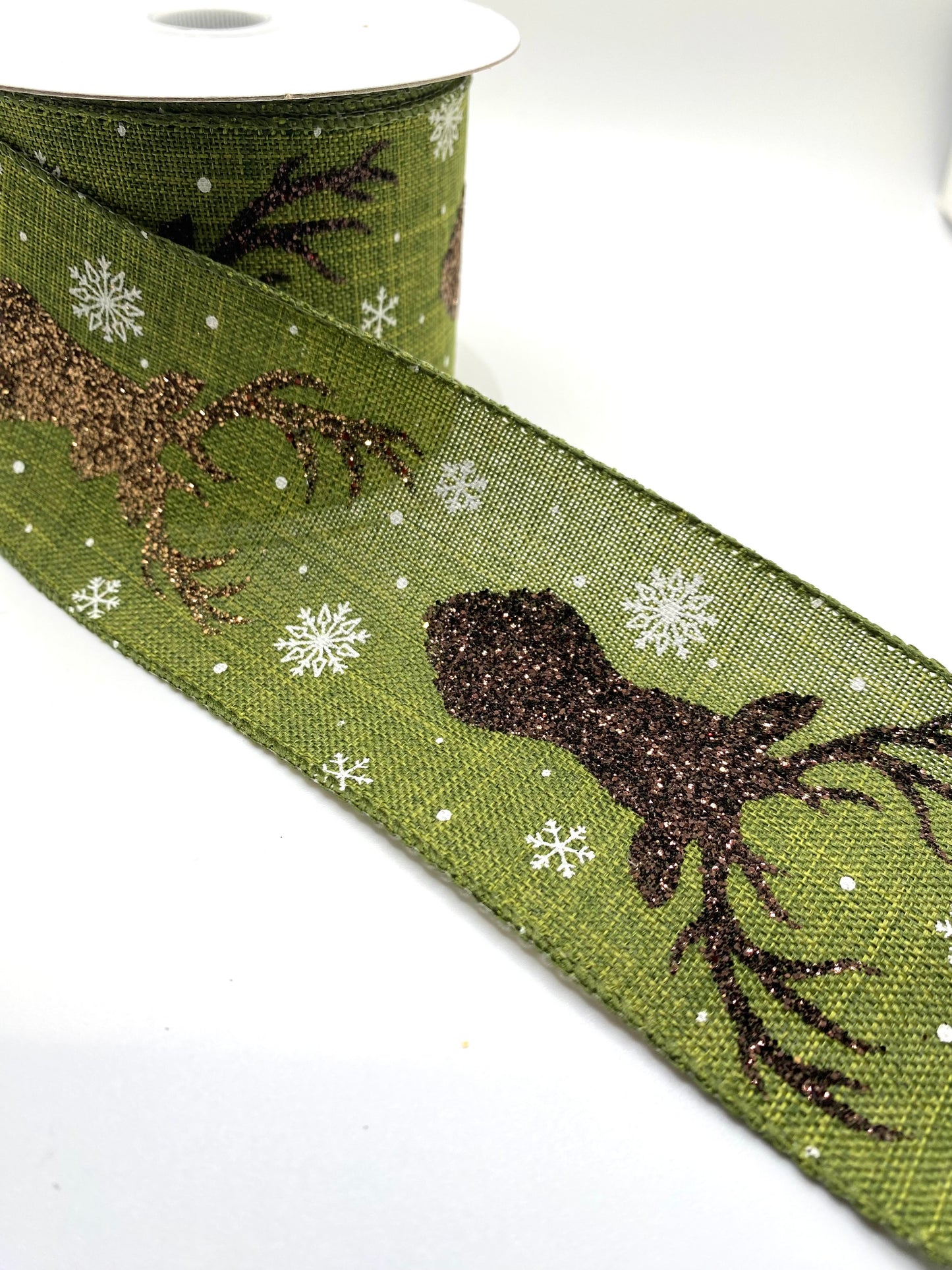 10 Yards - 2.5” Wired Natural Moss Faux Burlap Glitter Deer Head Ribbon