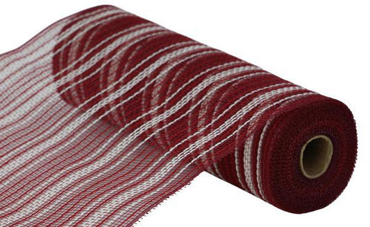 10.25 inch x 10 Yards Burgundy, Red and Cream Faux Jute Farmhouse Stripe Mesh