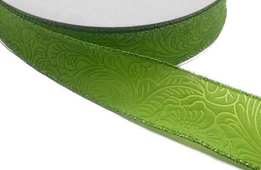 50 Yards - 1.5” Wired Lime Green Floral Design Embossed Ribbon