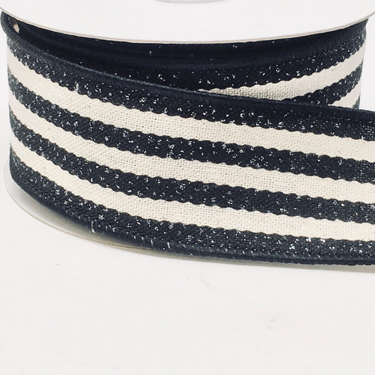 10 Yards - 1.5” Wired Black Cream Stripe Ribbon with Glitter Accent