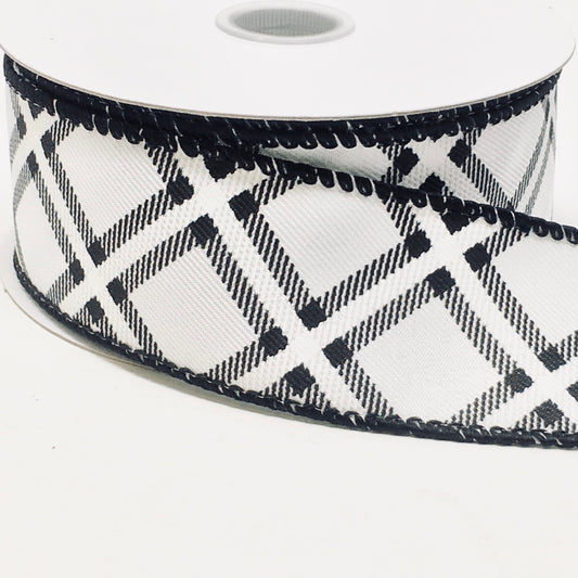 10 Yards - 1.5” Wired Black and White Cross Check Ribbon