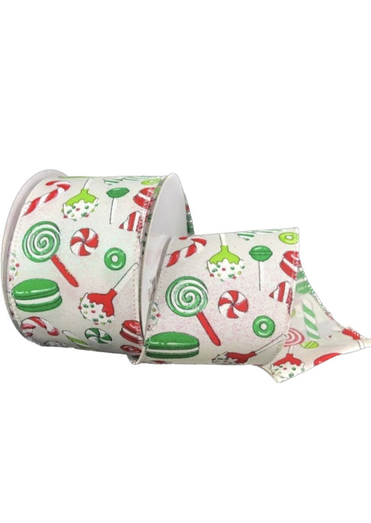 10 Yards - 2.5” Wired Peppermint Candy Cane Swirl Christmas Candy Ribbon