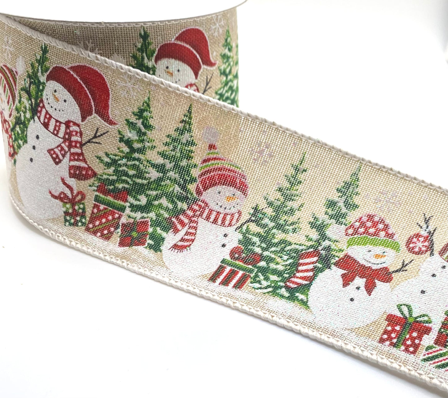 10 Yards - 2.5” Wired Light Linen Snowmen in Winter Wonderland Ribbon