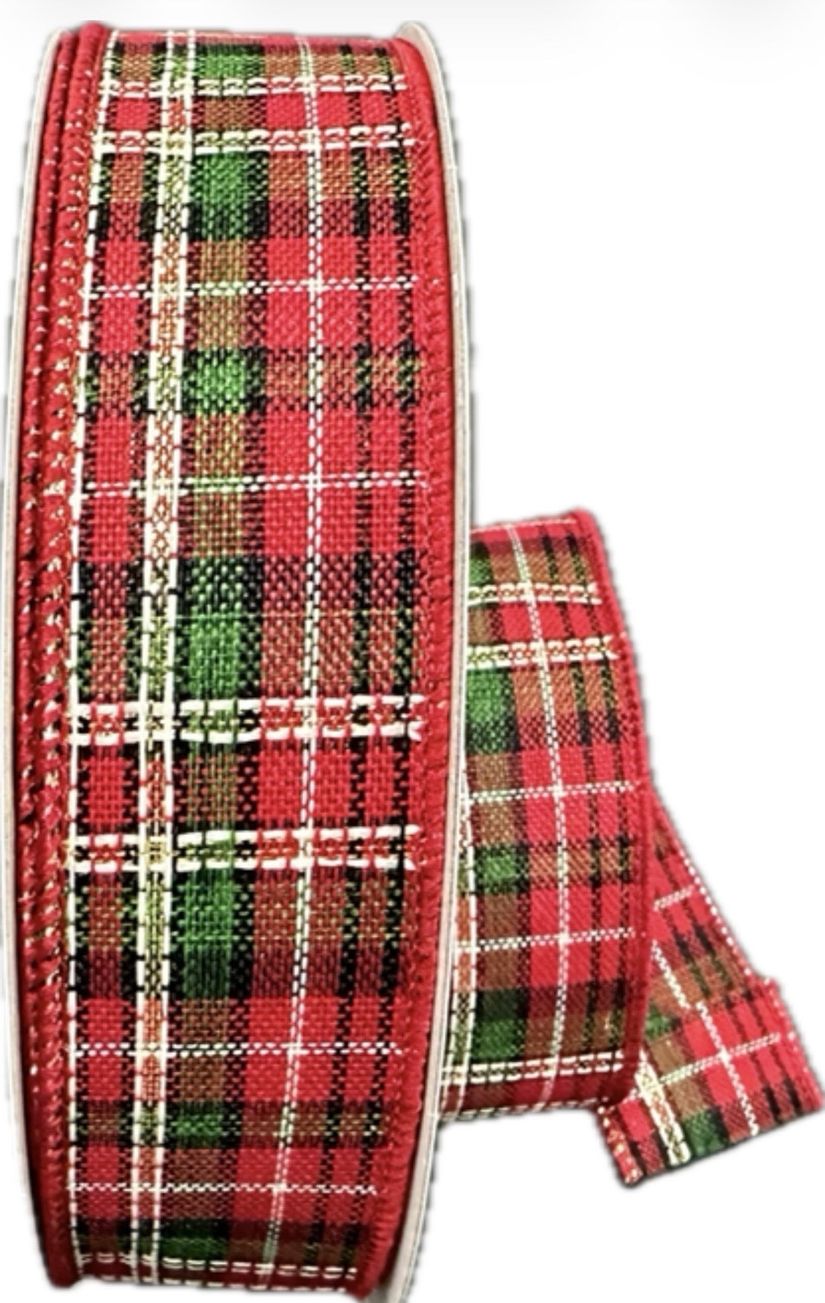 Wired Red Green Gold Glitz Homespun Plaid Ribbon- 1.5”x 50 Yards