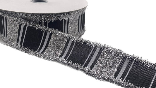 10 Yards - 1.5” Wired Black, White, and Silver Glitter Stripe Tinsel Edge Ribbon