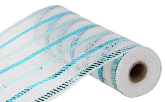 Metallic White Ice Blue and Turquoise Stripe Wide Foil Stripe Mesh-10.5”x10 Yards