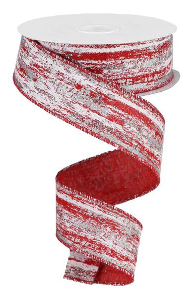 10 Yards - 1.5” Wired Red, White and Silver Metallic Streak Ribbon