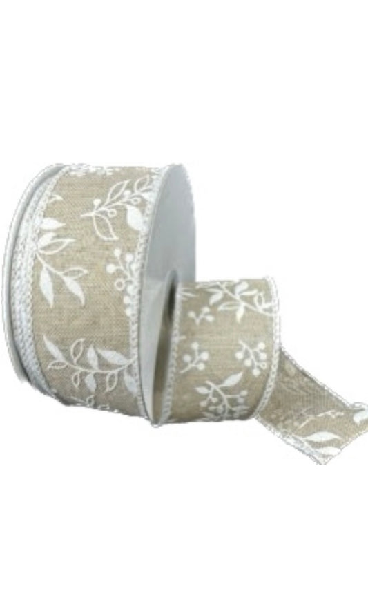 Wired Natural Linen White Foilage Ribbon-1.5”x10 Yards