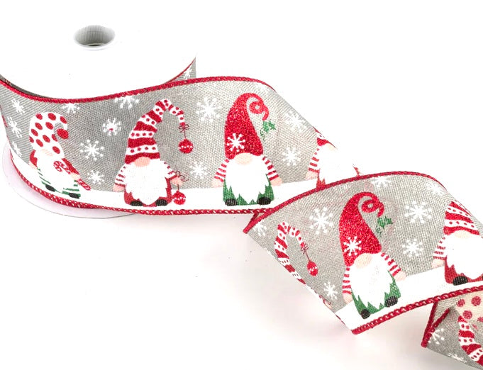 10 Yards - 2.5" Wired Gray Background Christmas Gnome Ribbon