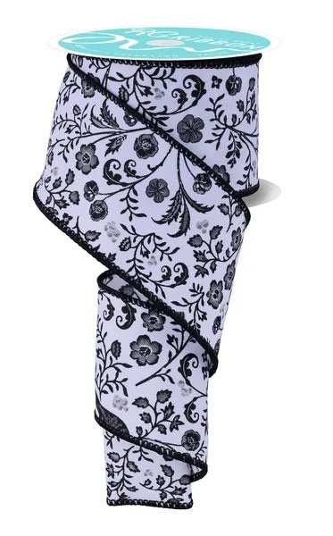Wired Black and White Chinoiserie Florals Ribbon- 2.5”x10 Yards