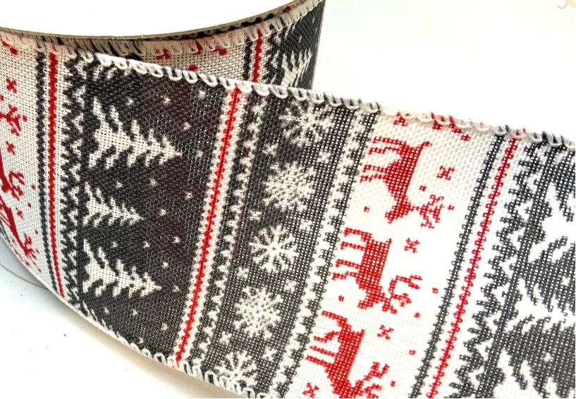 10 Yards - 2.5" Wired Gray, Red and White Deer, Snowflakes and Trees Ribbon