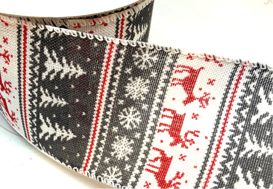 10 Yards - 2.5" Wired Gray, Red and White Deer, Snowflakes and Trees Ribbon