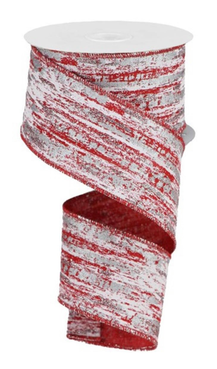 10 Yards - 2.5” Wired Red, White and Silver Metallic Streak Ribbon