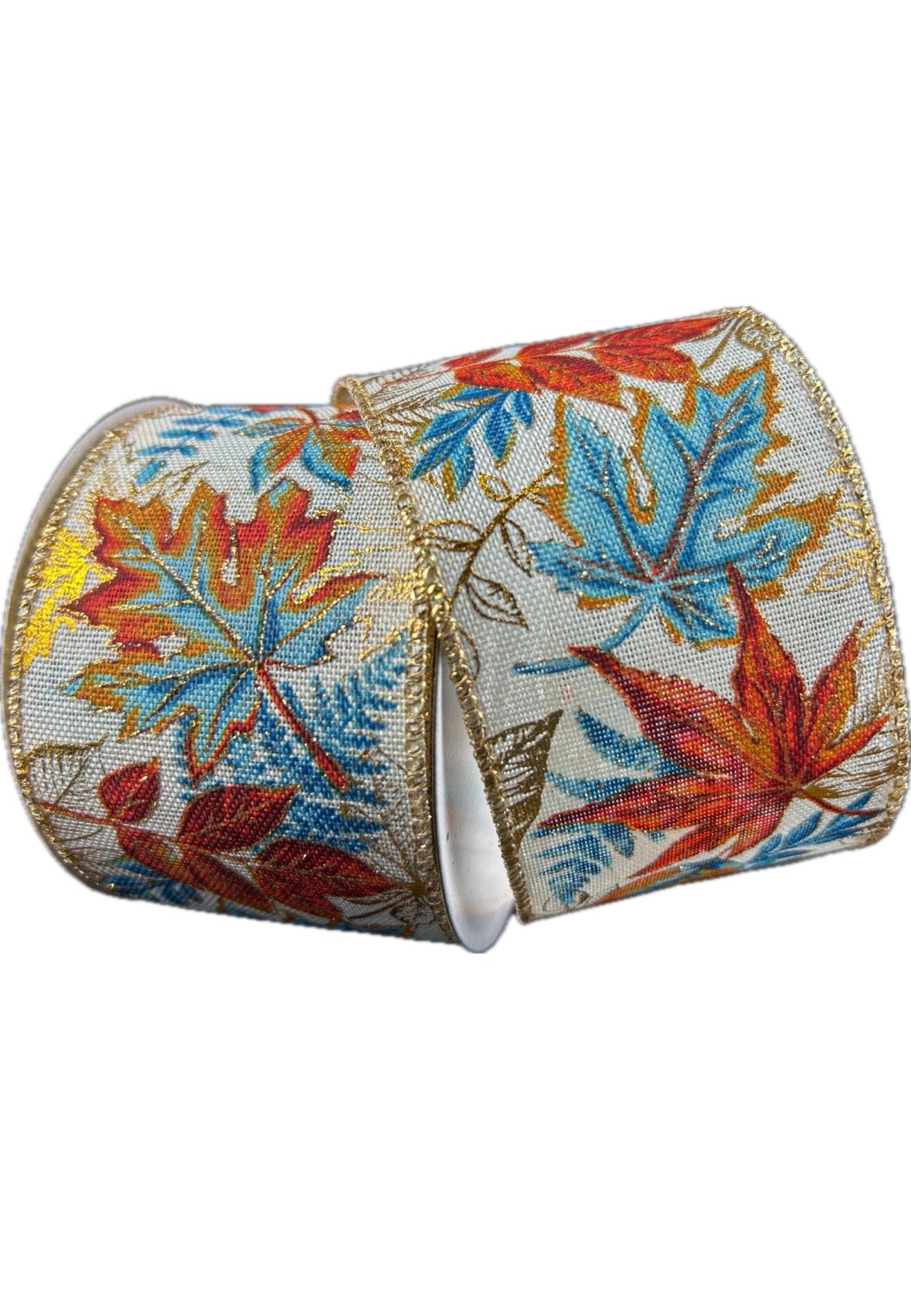 Wired Natural Linen Fall Leaves Ribbon- 2.5”x10 Yards