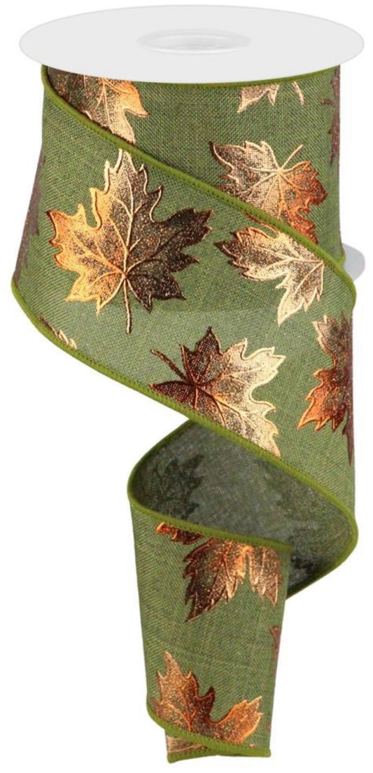 10 Yards - 2.5” Wired Olive Green Background with Orange Foil Fall Leaves Ribbon