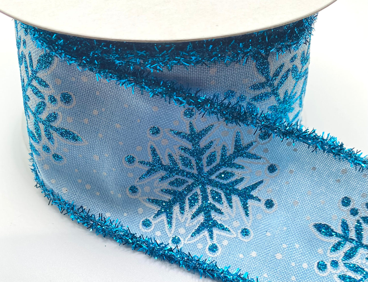 10 Yards - 2.5" Wired Light Blue and White Snowflake with Tinsel Edge Ribbon