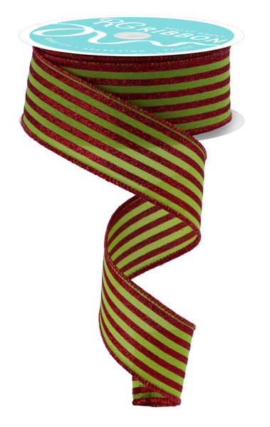 Wired Lime and Red Vertical Stripe Glitter Accent Ribbon- 1.5”x10 Yards